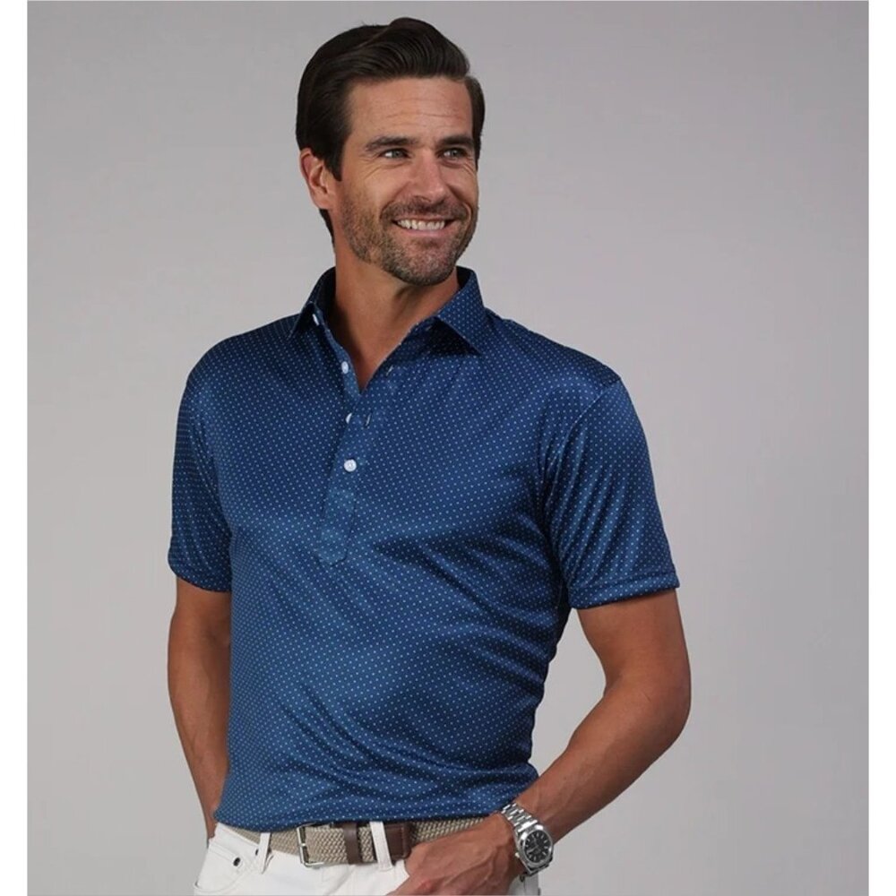 NWT Collars and Co Polo Small Semi-Spread Blue Polka Dot Mens Golf Career Shirt